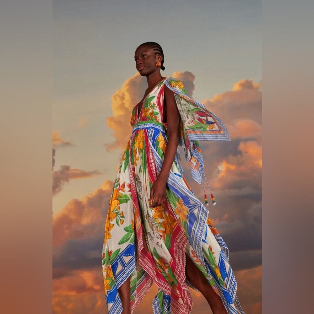 FARM RIO Off-White Tropical Destination Kimono Sleeve Midi Dress